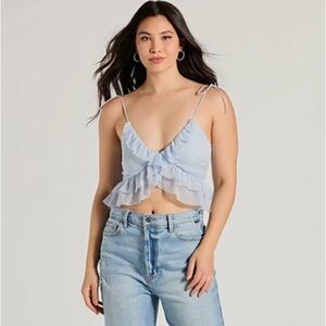 Windsor (L) Light Blue Ruffle Chiffon Cropped Spaghetti Strap Tank Top Going Out